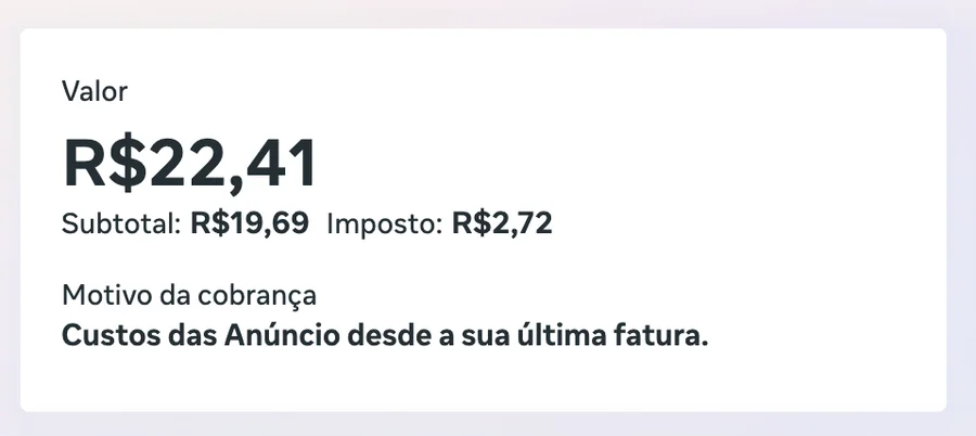 Tela de atividades de pagamento do Meta Ads mostrando uma cobrança de R$ 22,41, sendo R$ 19,69 de subtotal em anúncios e R$ 2,72 de imposto